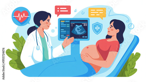Pregnant Woman Having Ultrasound Checkup with Female Doctor in Hospital Clinic for Prenatal Care Healthcare and Maternity Concept Flat Vector Illustration