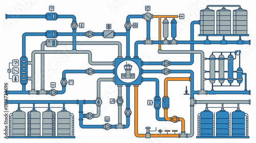 Industrial process flow diagram with pipes and machinery.