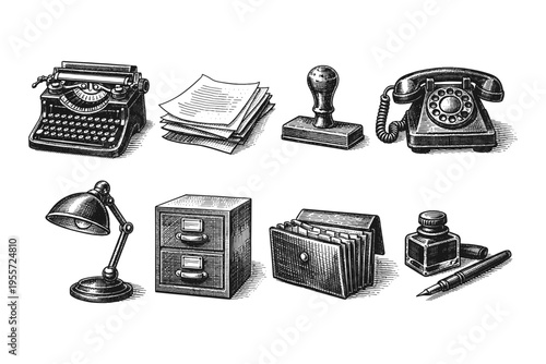 Vintage office supplies collection: typewriter, lamp, filing cabinet, and rotary phone