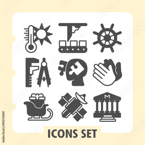 Set of nine monochrome glyph icons including temperature, download, navigation, favorites, questions, approval, transportation, communication and music for web and mobile interfaces.