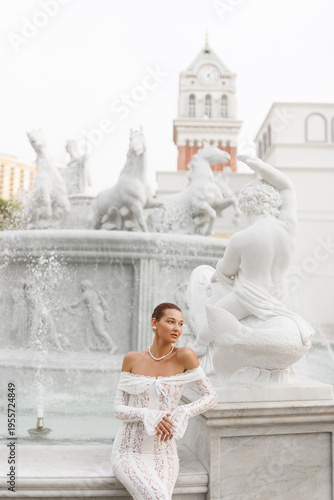 Romantic Bridal Fashion Portrait at Baroque Fountain in Sunset Town