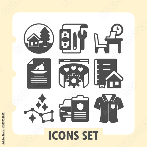 Set of nine glyph icons featuring home, family, travel, gear, real estate, love, settings and business attire for modern web and mobile interfaces design projects.