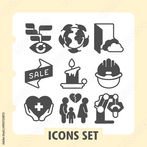 Set of nine glyph icons perfect for web and mobile interfaces covering ecommerce, global connectivity, healthcare, family, construction and retail themes.