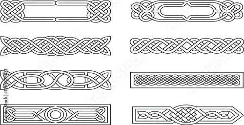 Set of vintage black celtic patterns and vector borders featuring decorative floral line ornaments and retro frame elements for a silhouette style page divider design