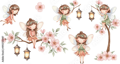 Whimsical illustration of fairies in a blossoming tree with lanterns and flowers