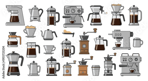Large set of diverse coffee brewing equipment including espresso machines, grinders, and French presses in a flat style.