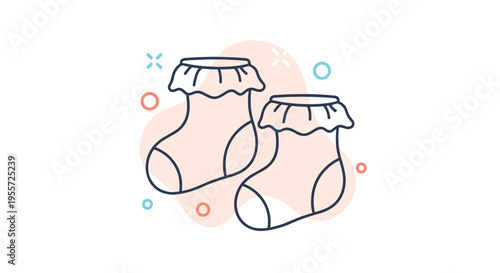 Cute pink baby socks with frilled tops are displayed over a soft abstract background in a simple line art style.