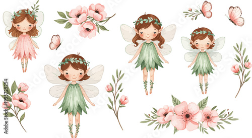 Whimsical illustration of fairies and flowers in pastel colors for children or fantasy themes
