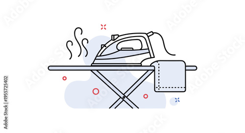 Household electric steam iron sits on an ironing board with a folded blue cloth in a clean minimalist line art style.