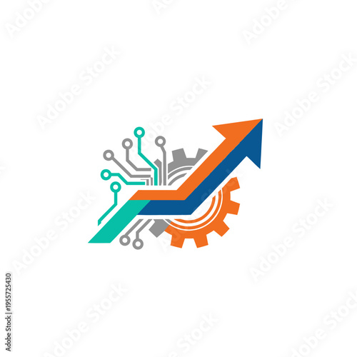 A dynamic logo illustrating technological and industrial growth with an upward arrow, gear, and circuit board elements.