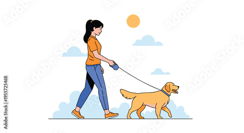 Active woman enjoys a sunny day outdoors by walking her friendly golden retriever dog on a leash through the park.