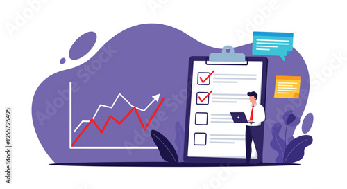 Professional male worker manages tasks using a laptop while standing next to a large checklist and a positive growth chart.