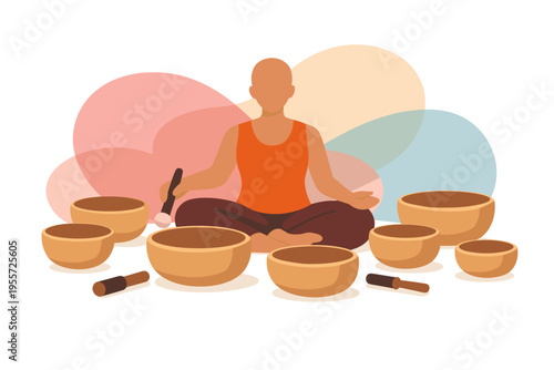Person meditating with Tibetan singing bowls for sound healing.
