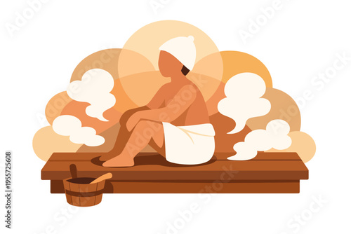 Person relaxing in a steamy sauna on a wooden bench.