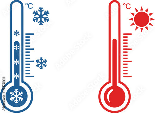 A pair of thermometer icons representing cold freezing temperatures and hot sunny weather conditions Vector