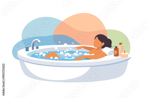 Woman relaxing in a bubbly bathtub with bath products.