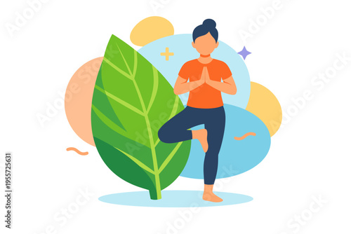 Woman practicing yoga tree pose with large green leaf and abstract shapes.