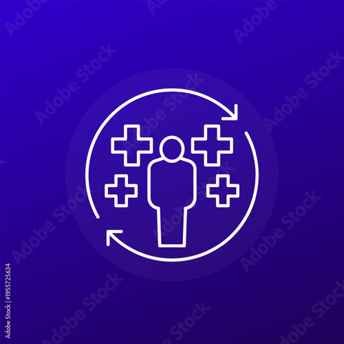 Rehab and recovery icon with a patient, line vector design