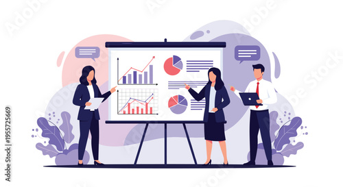 Group of corporate professionals conducts a business meeting using a whiteboard with colorful pie charts and graphs.