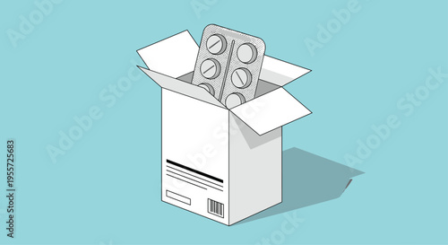 Cardboard medicine box is open to reveal a blister pack of white pills representing healthcare and pharmaceutical needs.