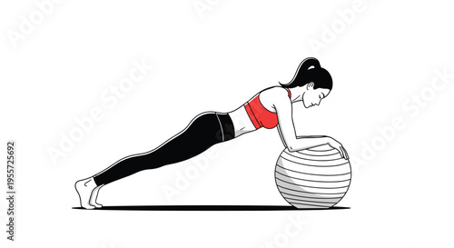 Athletic woman in sports gear demonstrates core strength by performing a plank exercise on a grey fitness stability ball.