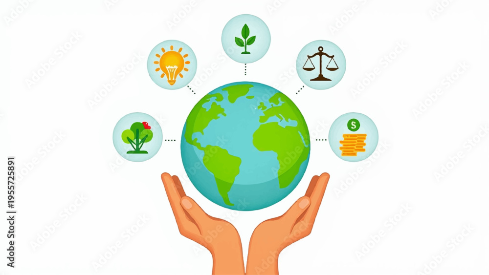 Fototapeta premium Hands cradling earth globe with eco friendly icons for sustainability and environmental conservation