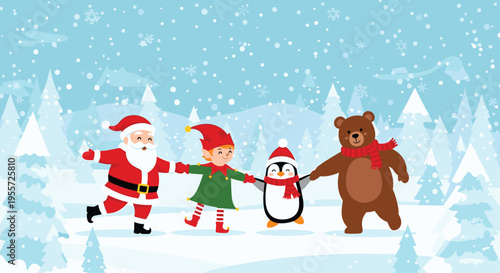 Joyful Christmas characters including Santa Claus elf penguin and bear dancing together in a snowy winter forest landscape.