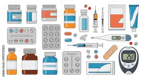 Diverse array of medical equipment and supplies including medicine bottles pills syringes thermometer and glucose monitor.