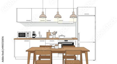 Stylish modern kitchen interior design with white cabinets dining table three pendant lights and built-in appliances.