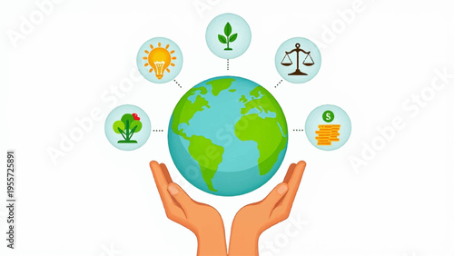 Hands cradling earth globe with eco friendly icons for sustainability and environmental conservation