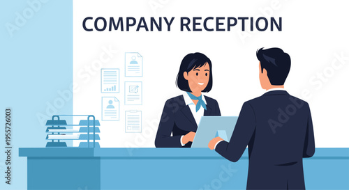 Professional receptionist assisting a male client at a company reception desk with documents in the background of the office.