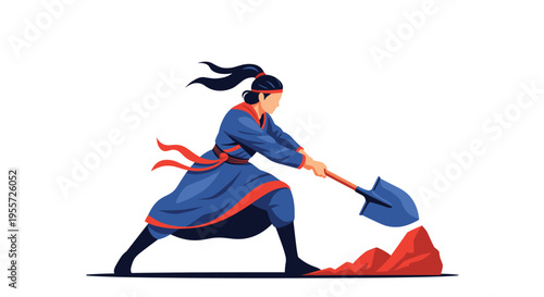 Strong warrior woman in traditional blue and red attire digging with a large shovel into the ground in a powerful stance.