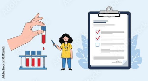 Healthcare concept illustration featuring blood test tubes a female doctor and a medical checklist on a clipboard background.