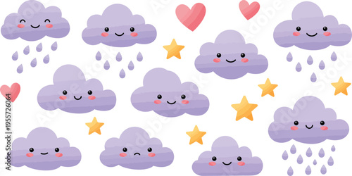 Cute purple cartoon clouds with smiling faces and raindrops surrounded by hearts and stars