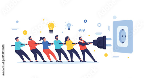 Diverse team of people working together to pull a giant power plug towards a socket symbolizing unity and collective energy.