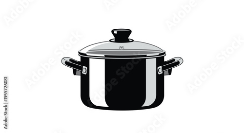 Professional stainless steel cooking pot with two handles and a clear glass lid isolated on a plain white background.