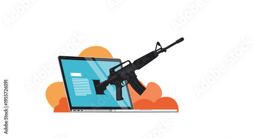 Cybercrime concept showing a black assault rifle emerging from a laptop screen against an orange abstract background clouds.
