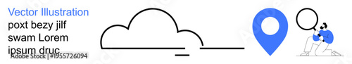 Cloud computing, data storage, geolocation, navigation, research, technology. A cloud symbol, pin marker and person using a magnifying glass. Cloud computing and geolocation