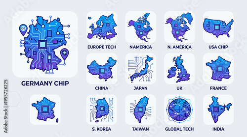 Infographic illustration of digital transformation in Germany and global tech map with various country chip designs on a light background.