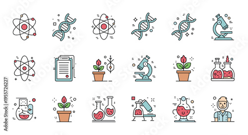 Extensive set of science and laboratory icons including atom dna microscope plant and chemical glassware symbols in colors.
