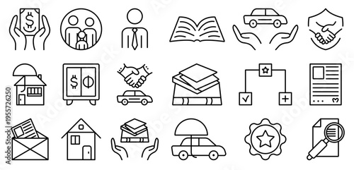 Insurance, business and finance black line icon set. Monochrome outline sign collection, editable stroke isolated symbols