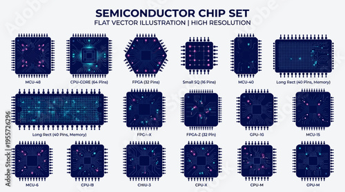 High-resolution flat vector illustration of various semiconductor chip sets on a white background, showcasing different designs and patterns in shades of blue with pink and teal accents,