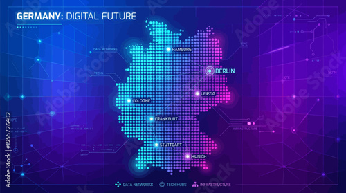 Glowing digital map of Germany with futuristic grid pattern and neon lights, representing digital transformation in a vibrant purple and blue gradient background.