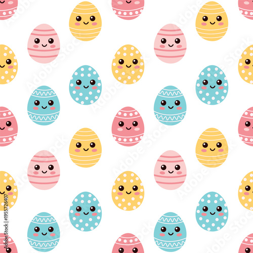 Seamless pattern with cute smiling Easter eggs in pastel colors. Kawaii cartoon characters with dots, stripes. Playful spring holiday background for kids, nursery design, wrapping, decoration, print.
