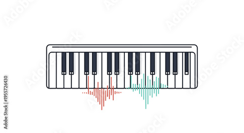 Digital piano keyboard illustration showing keys and colorful sound waves emanating from it to represent music production and synthesis.