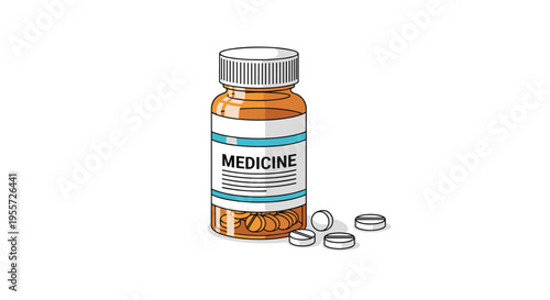 Prescription medicine bottle with orange translucent body and white cap surrounded by several white round pills on a plain white background.