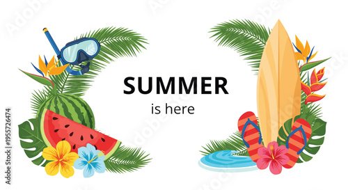 Tropical summer border design with palm leaves, watermelon, flowers, surfboard, snorkeling gear, and flip flops around a central white text space.