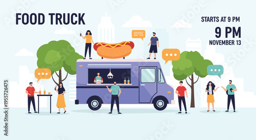 Busy city street scene featuring a purple food truck with a giant hot dog on top serving various customers in a park setting with trees and buildings.