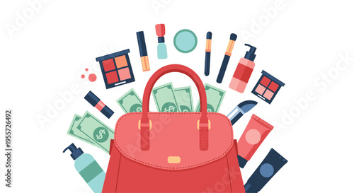 Stylish red makeup bag with an assortment of cosmetics including brushes, palettes, lipsticks, and scattered dollar bills on a white background.