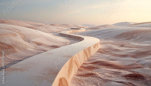 A long, winding wooden path snakes through an abstract landscape of smooth, undulating sand dunes under a soft, ethereal sky.